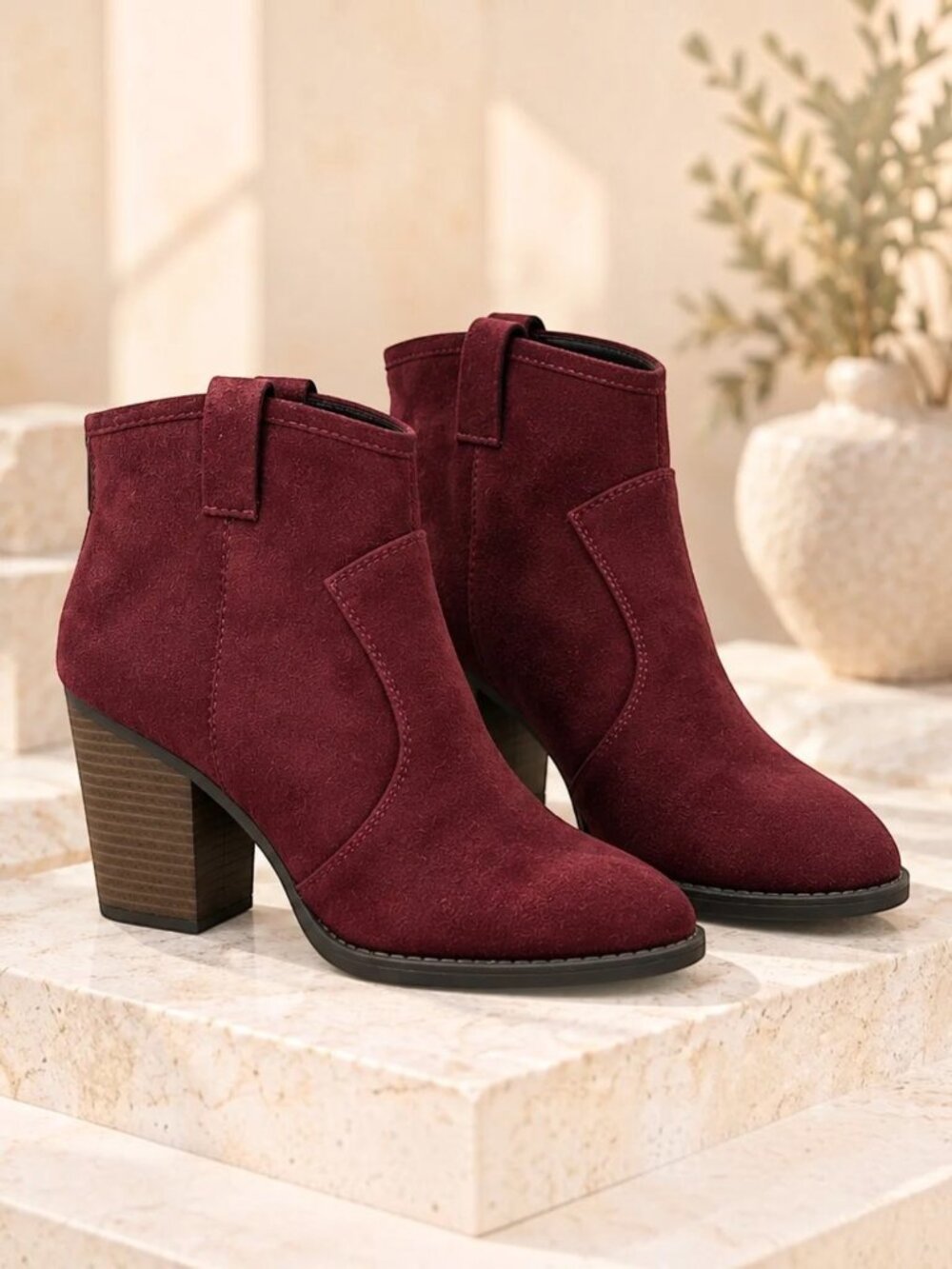 Cambridge Select Rich Burgundy Western-Inspired Suede Ankle Boots – Size 8.5